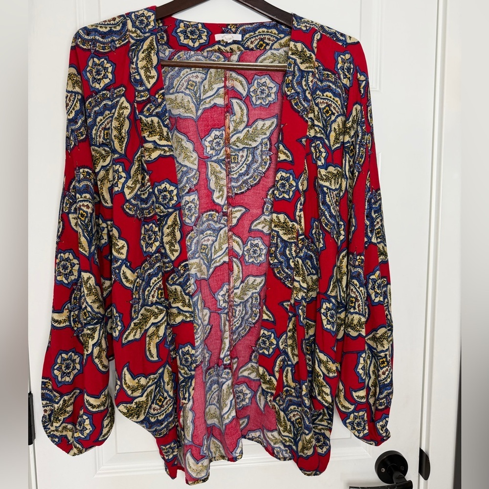 Maurice’s Red Blue Yellow Floral Open Front Cardigan Kimono Size L/XL